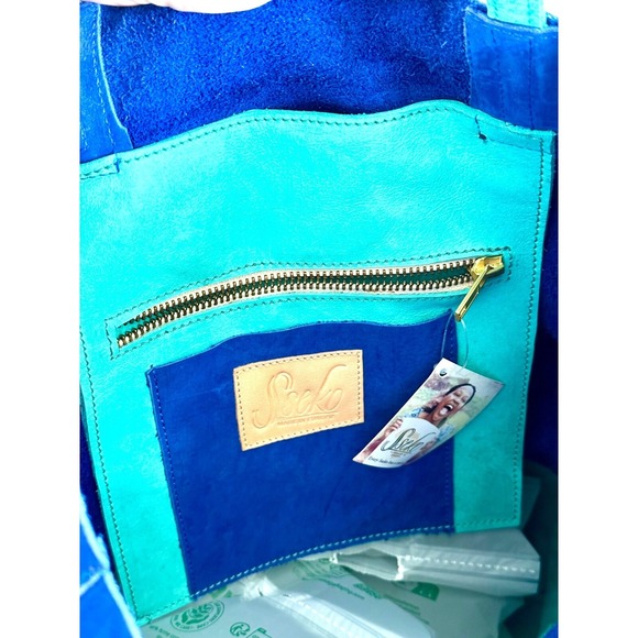 SSEKO DESIGNS Cobalt & Turquoise Blue NWT Genuine Suede Bucket Shoulder Bag Tote - Picture 9 of 11
